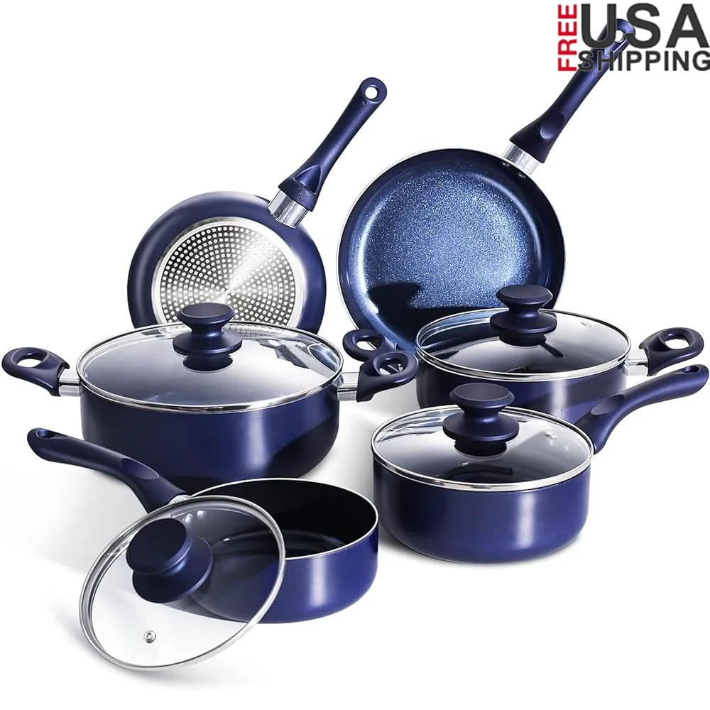 Aluminum Nonstick Cookware Set 10 Pieces Kitchen Pots and Pans Induction Compatible Stockpots Frying Pan Easy Grip Handle