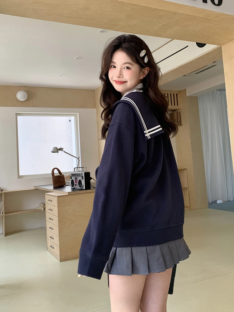 

Весенний открывающийся темно-синий воротник, длинный све Jk, матросский костюм, верхняя одежда, женская новинка, свободный крой, смесь хлопка и полиэстера, молния, одежда...