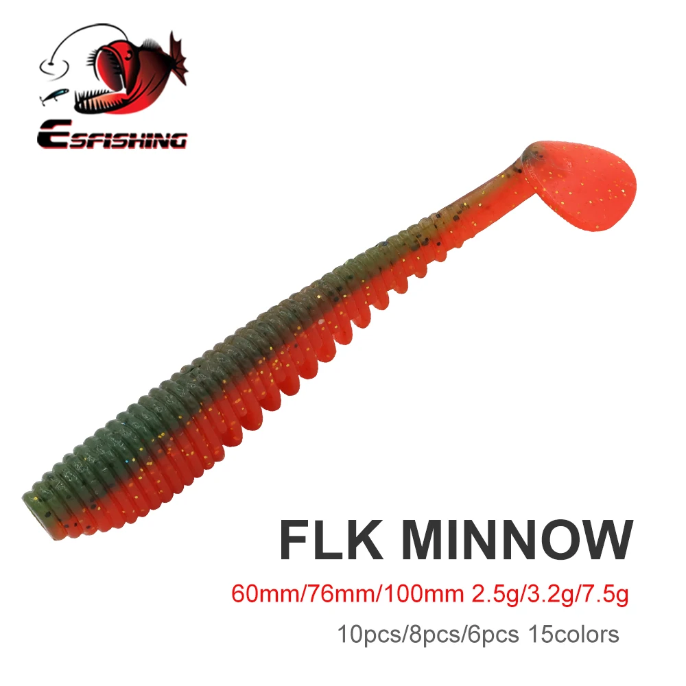 ESFISHING 인공 소프트 실리콘 미끼, Awaruna FLK Minnow, 향기 나는 소금, 페스카 낚시 미끼, 태클 T 테일 샤드, 60mm, 100mm