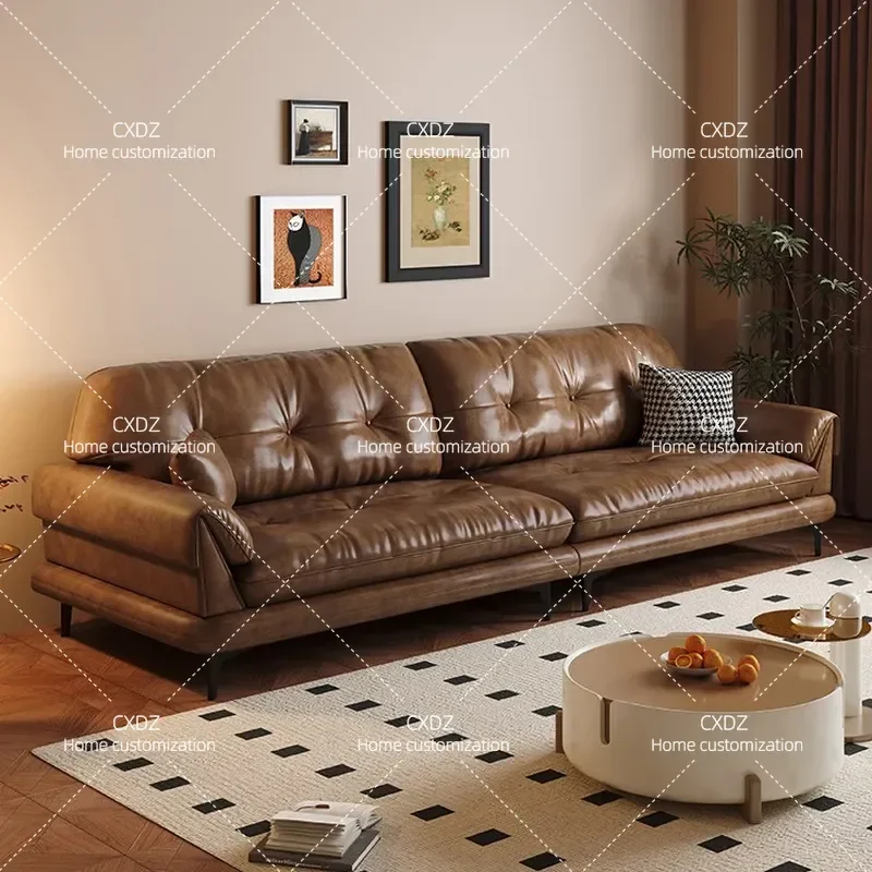 French retro oil wax leather sofa light luxury retro style living room American leather art modern small house bright