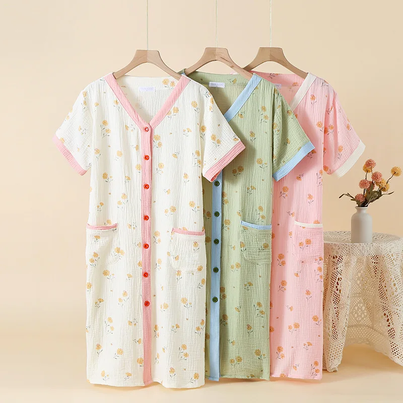 

Summer new women's double gauze cotton V-neck cardigan button home skirt fairy skirt bath towel bathrobe short sleeve large size