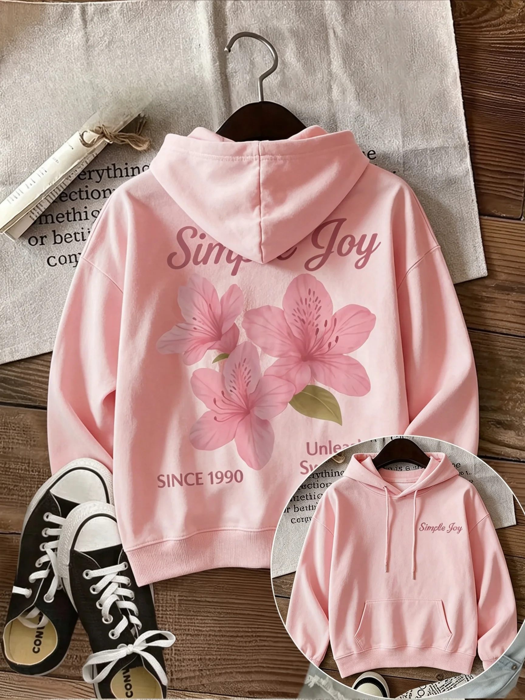 Pink floral print hoodie double-sided print, simple style, women's clothing, hooded streetwear, fashionable and elegant  clothes