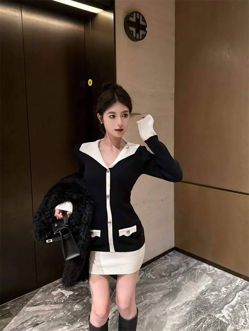 女性用Vネックニットペンシルドレス,長袖,シングルブレスト,ミニセーター,ボトムス,対照的な色,新しいファッション,秋,冬