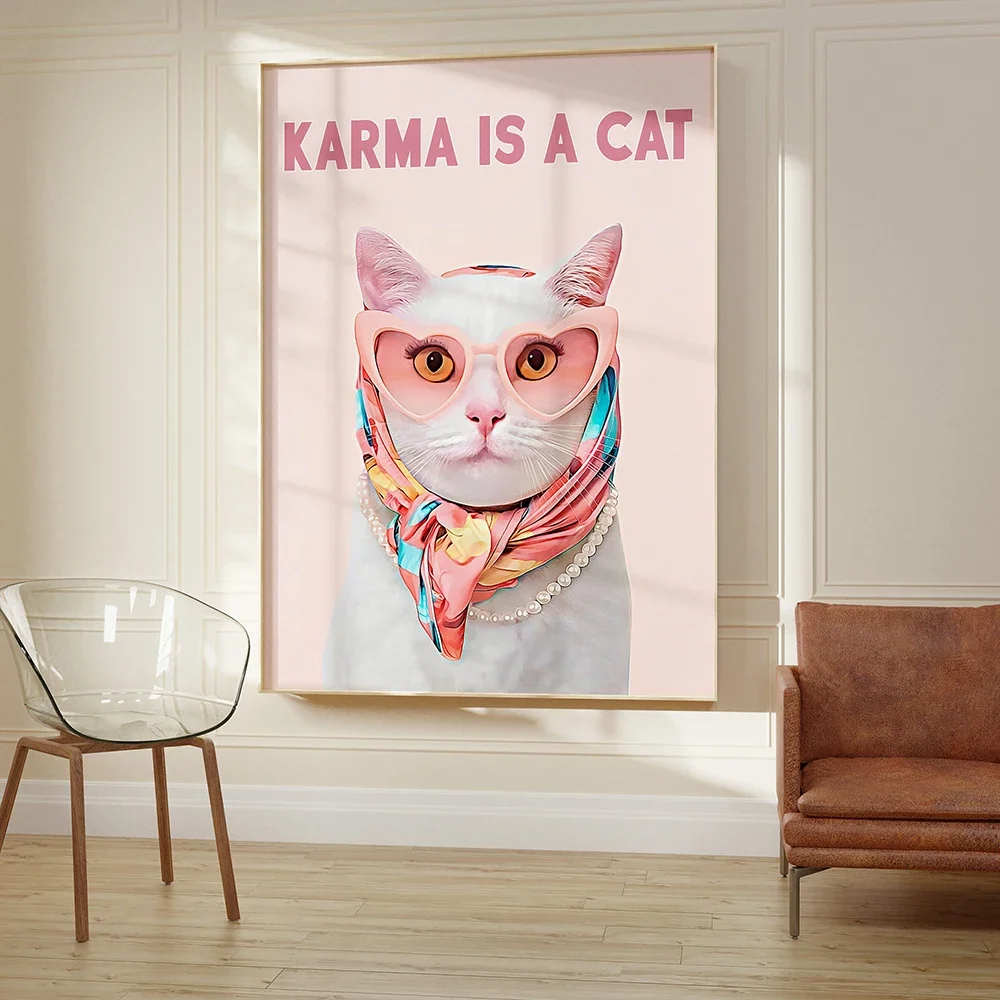 

Canvas Painting Print Pink Trendy Cat With Fashion Luxury Poster Trendy Bar Wall Art Canvas Poster Retro Girly Dorm Room Decor