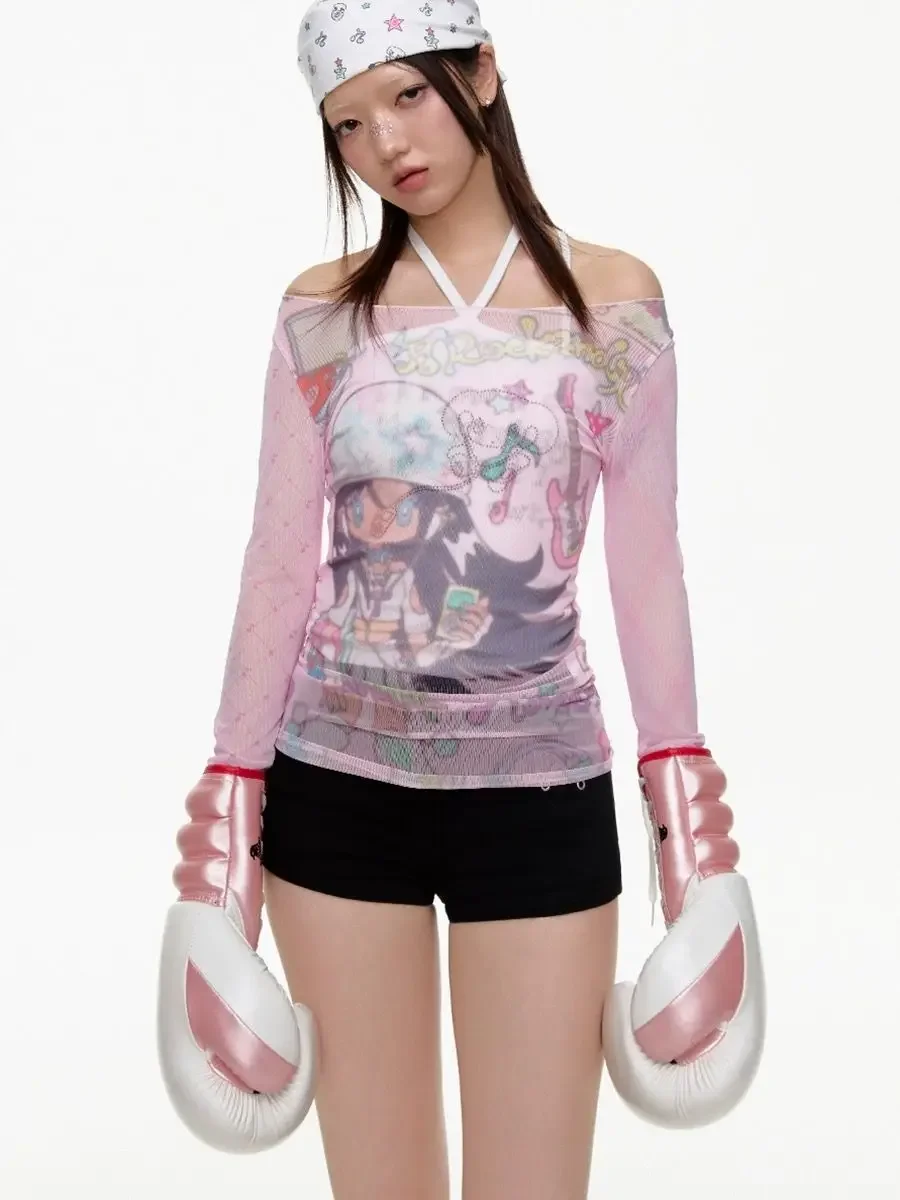 Pink Mesh Long-sleeved T-shirt Anime Aesthetics Clothing Female Spring Summer Y2k Girl Slim One-shoulder Print Blouse Streetwear