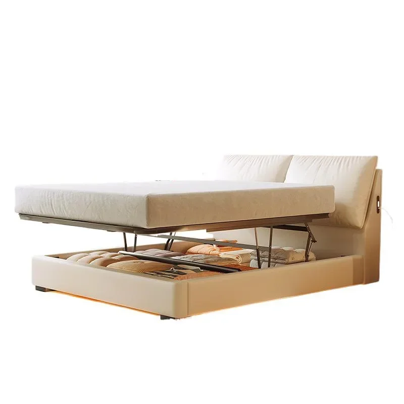 

French cream elephant ear bed master bedroom high-end atmospheric box double with drawers storage leather bed