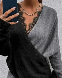 Colorblock Contrast Lace V-Neck Wrap Sweater Women Sexy Autumn Winter Long Sleeve Fashion Casual Pullover Knitwear