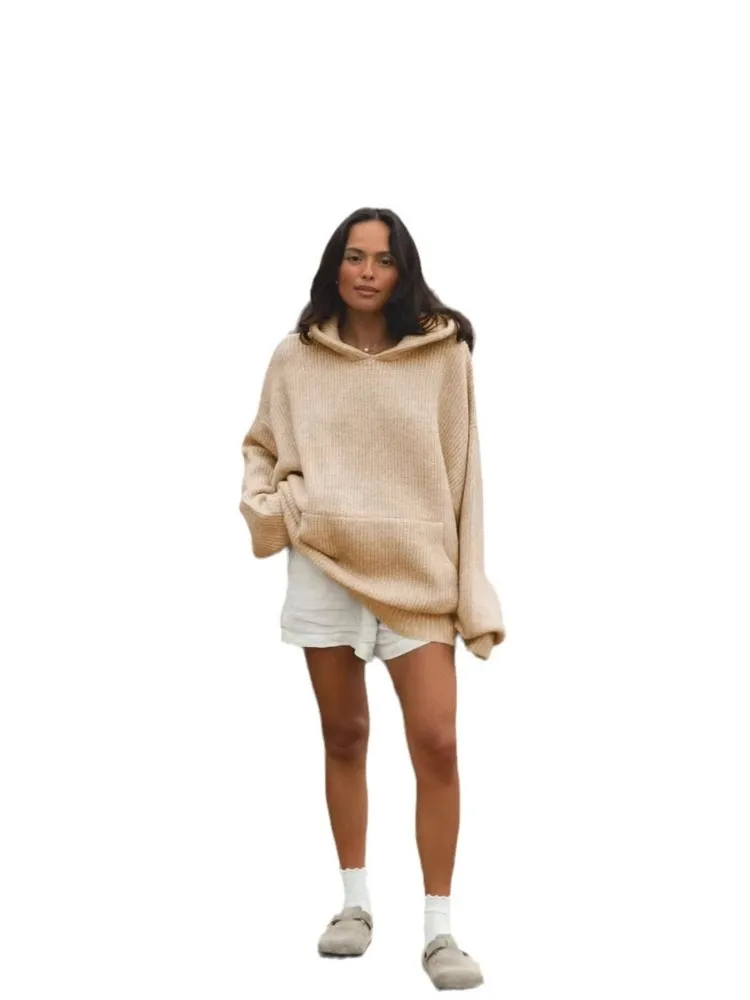 Autumn Woman's Fashion Knitted Pullover Casual Solid Color Hooded With Pockets Loose Sweater Lady Winter Comfort Warm Sweaters