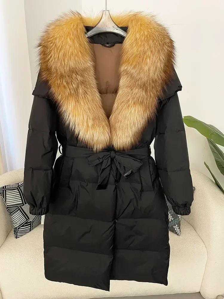 MENINA 2024 Winter Jacket Women Natural Real Fox Raccoon Fur Collar 90% White Duck Down Coat Thick Warm Belt Casual Outerwear