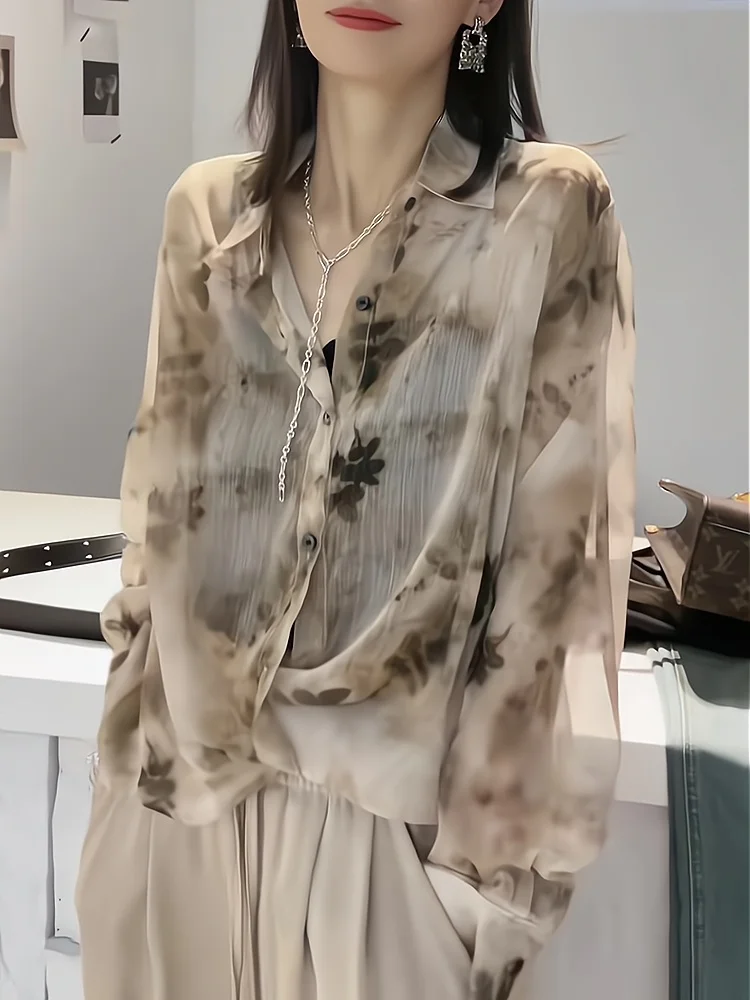 

Ele Long Sve Women's irt Summer 2025 New Ink Painting Print Faionable Vintage Loose Fit Commute Sle Korean Version