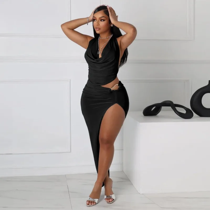 

Sexy Backless Hater Crop Tops & High Slit Bodycon Skirts Set Women Two Piece Set Party Clubwear