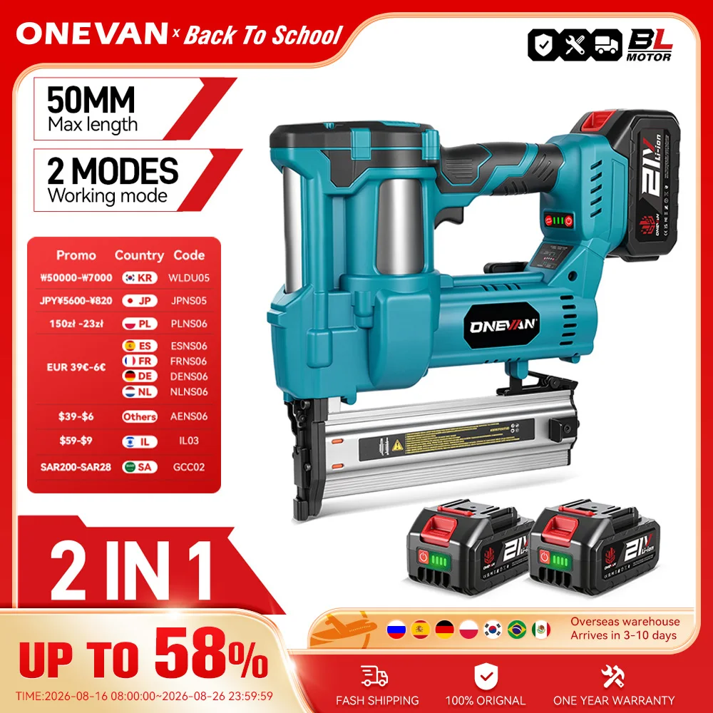 ONEVAN Bürstenloser elektrischer 2-in-1-Nagler/Hefterpistole F15-50 K410-438 Akku-Werkzeuge mit 4-Modus-Nagel für Makita 18 V Batterie-Pin