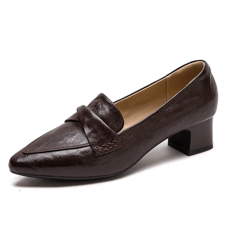 

Women Pointed Toe Shoes British Style Genuine Sheepskin Leather Shallow Thick Heel Shoes Slip On Versatile Office Shoes