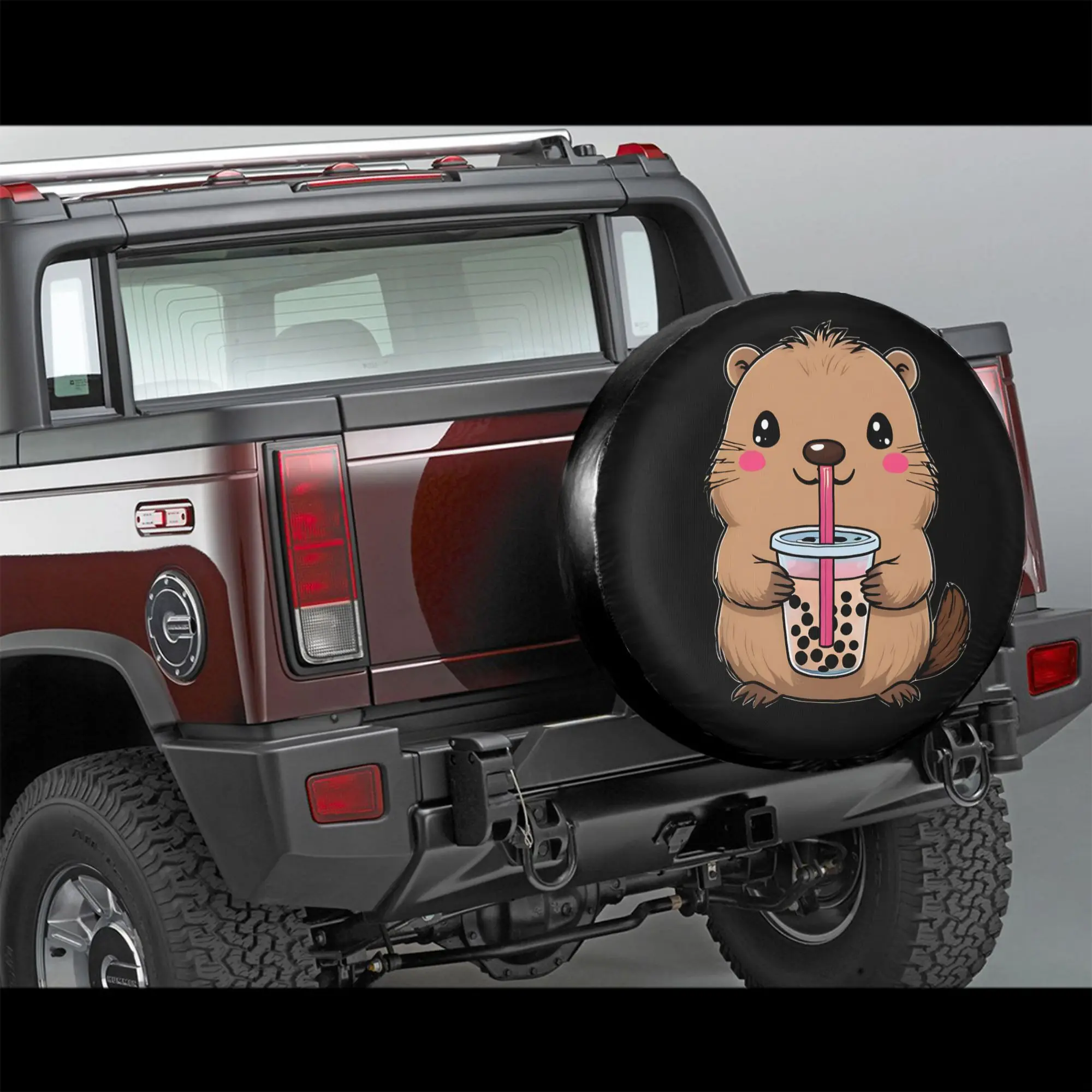 2D Flat Printing 1pc Capybara Drinking Boba Tea Printed Car Tire Cover, Universal Stylish Spare Wheel Protector, Perfect Fit Eas