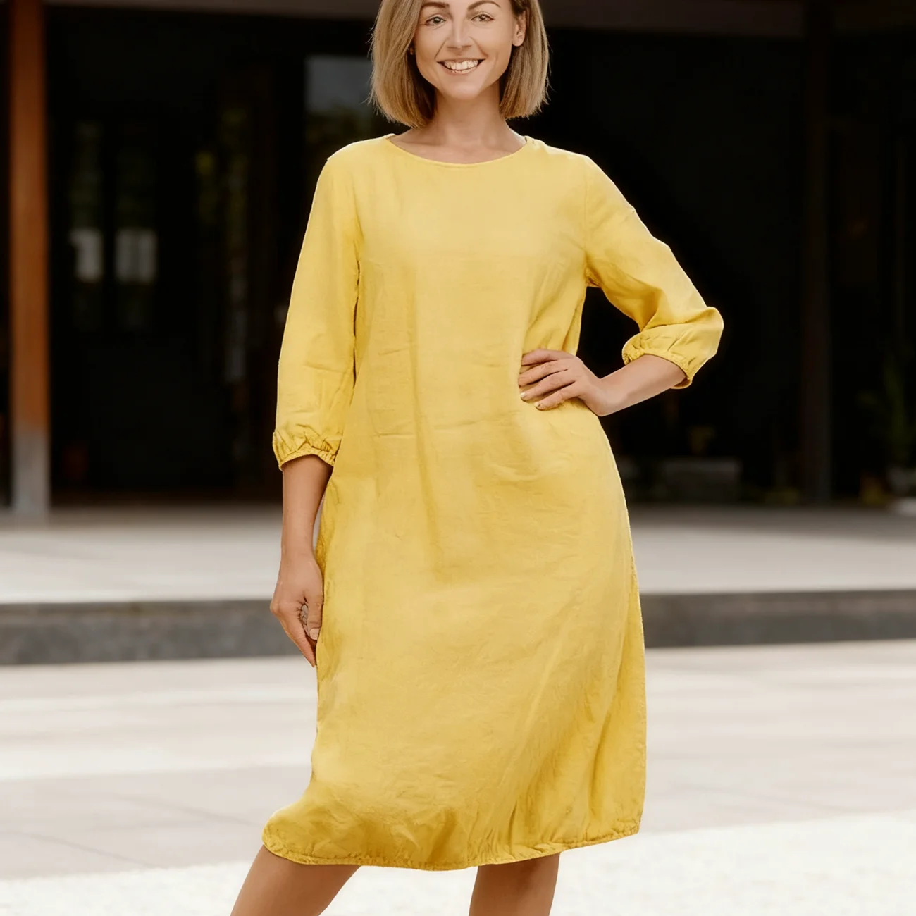 

New Design Plain Dye Yellow Long Women's Dress Crew Neck Loose Cotton Natural Organic Casual Large Size Dress