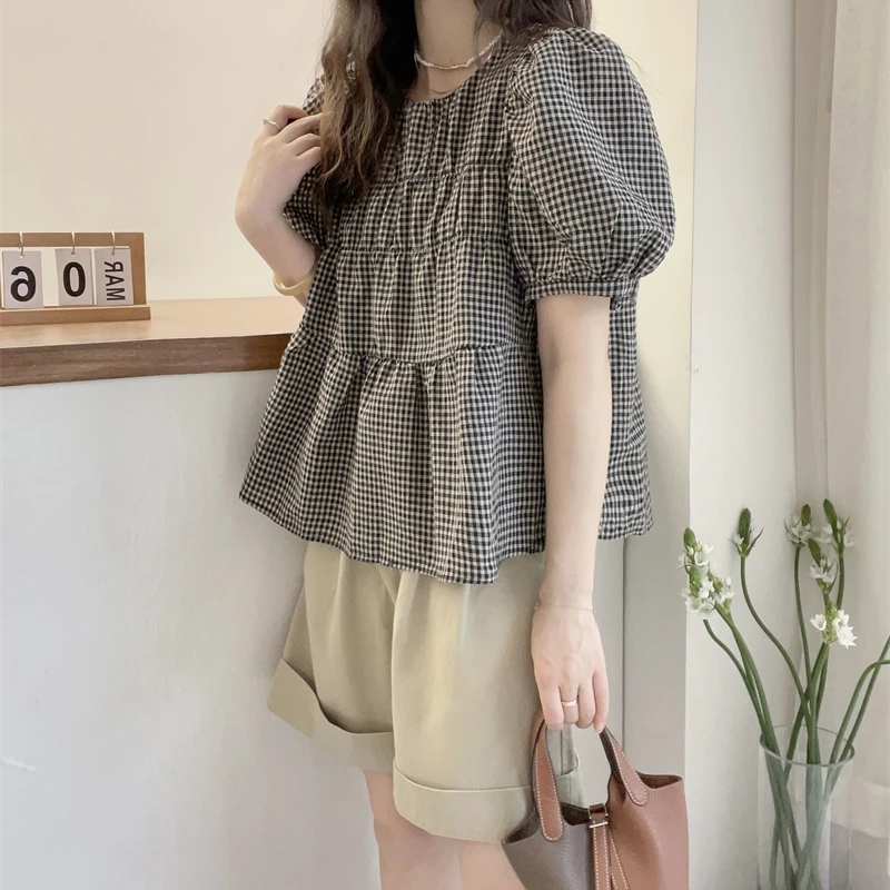Puff Sleeve Preppy Style Sweet Plaid Shirts Women Summer New Casual Loose Cute Girls Thin Versatile Doll Shirt Female