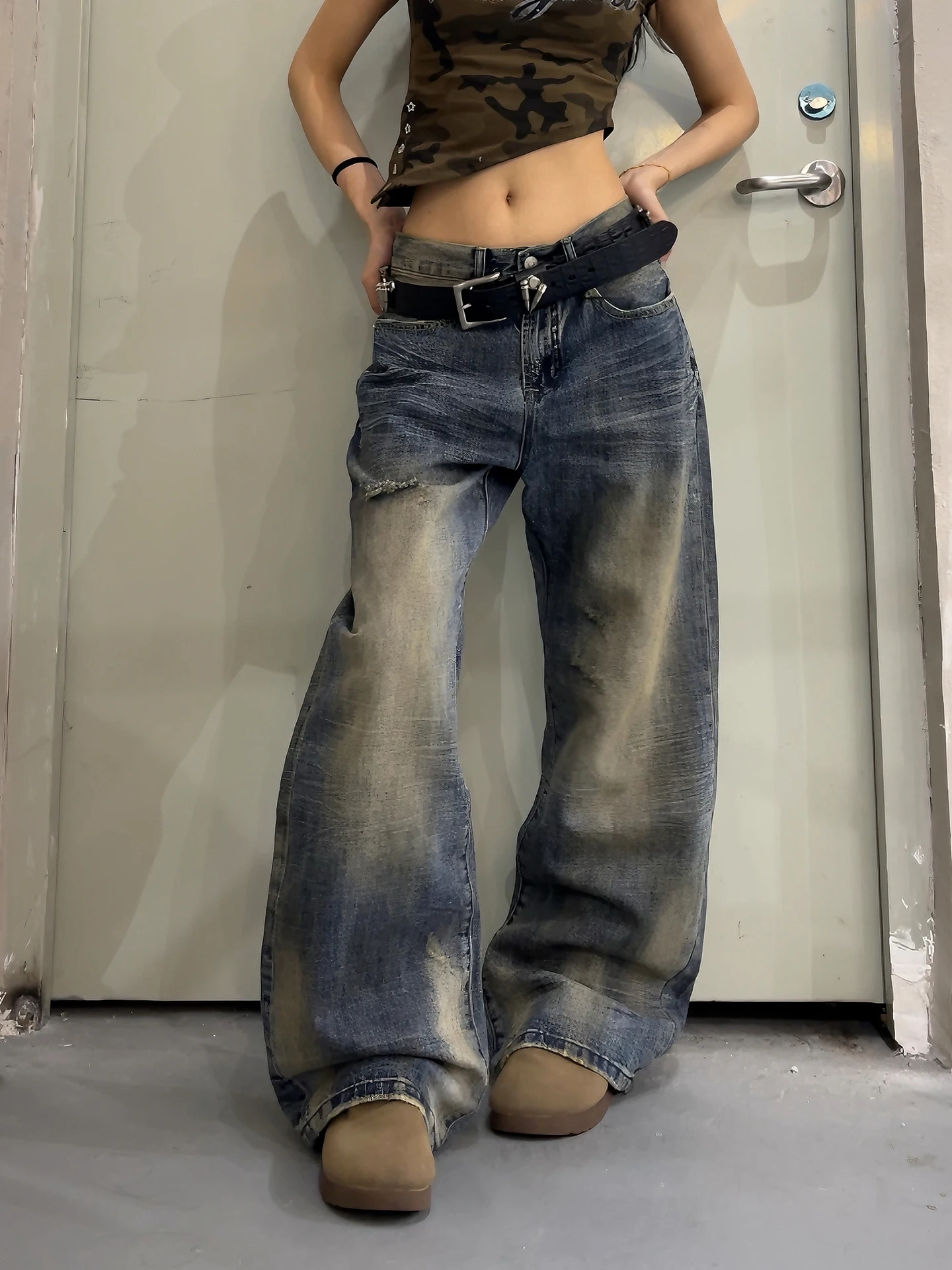 

Retro Waed Distred Wide Leg Jeans Men Women Casual Straight Cut Denim Pants Dra Whisker adient Wear Resistance