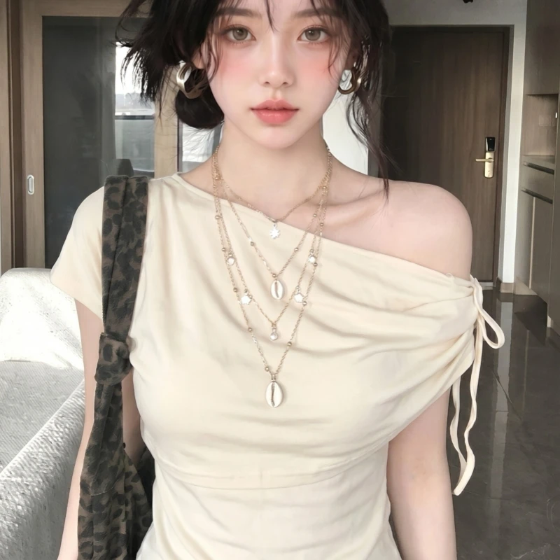 Women's Asymmetric One-Shoulder T-shirt with Tie Strap Slim Waist Unique Design Summer Top for Hot Girls Fake Two-Piece Effect