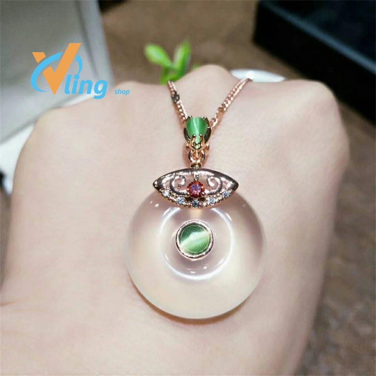 Manufacturer Wholesale S925 Silver Inlaid High Ice Chalcedony Safety Clasp Pendant Rose Gold  Green PowderWomen Fashion Gift