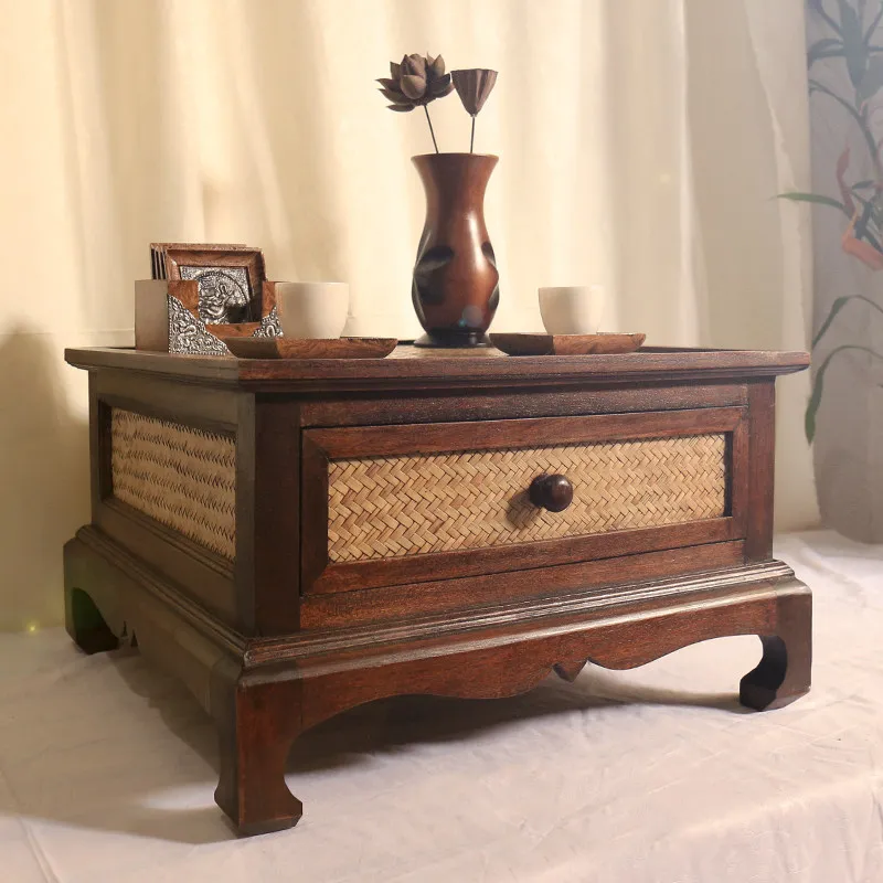Solid Wood Chinese Square Low Table for Window Sill, Zen Tea Table Tatami Home, Small Coffee Table Minimalist, Space-saving