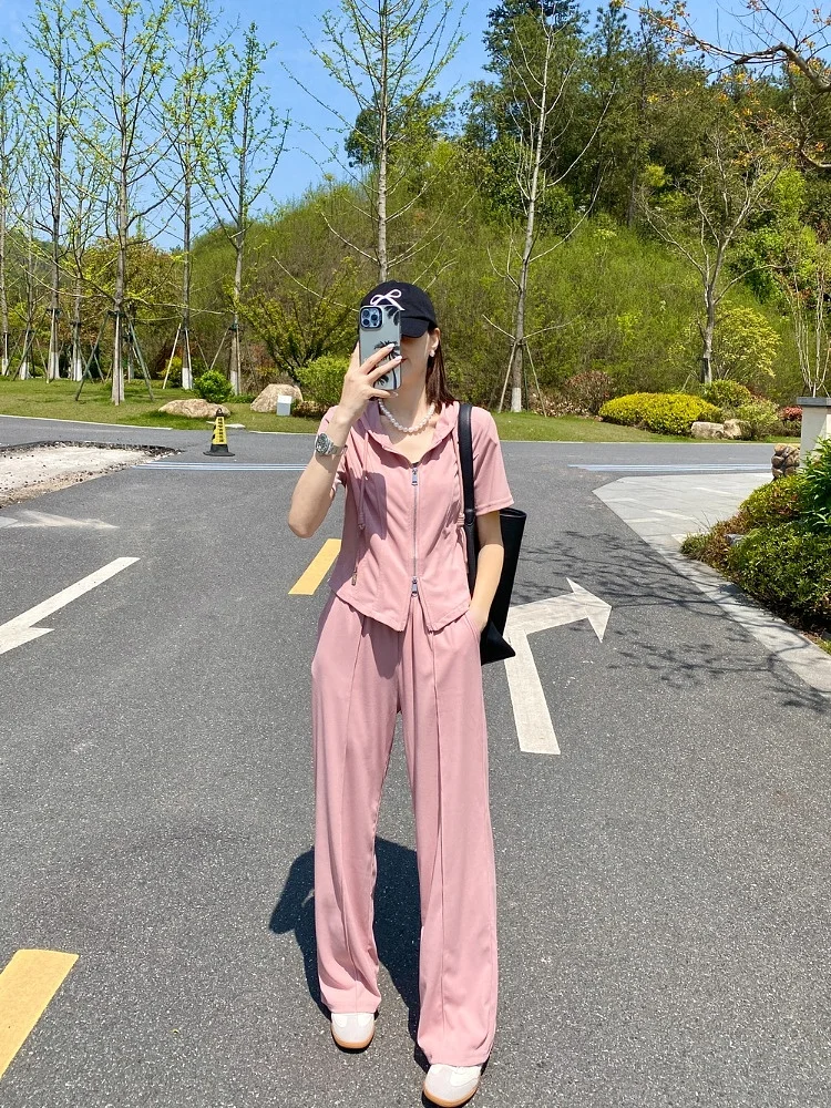 

Casual Sportswear Set Women's ort Sve Hoodie And Wide Leg Pants Two Piece Suit Summer New Sle Zipper f Zipper Design