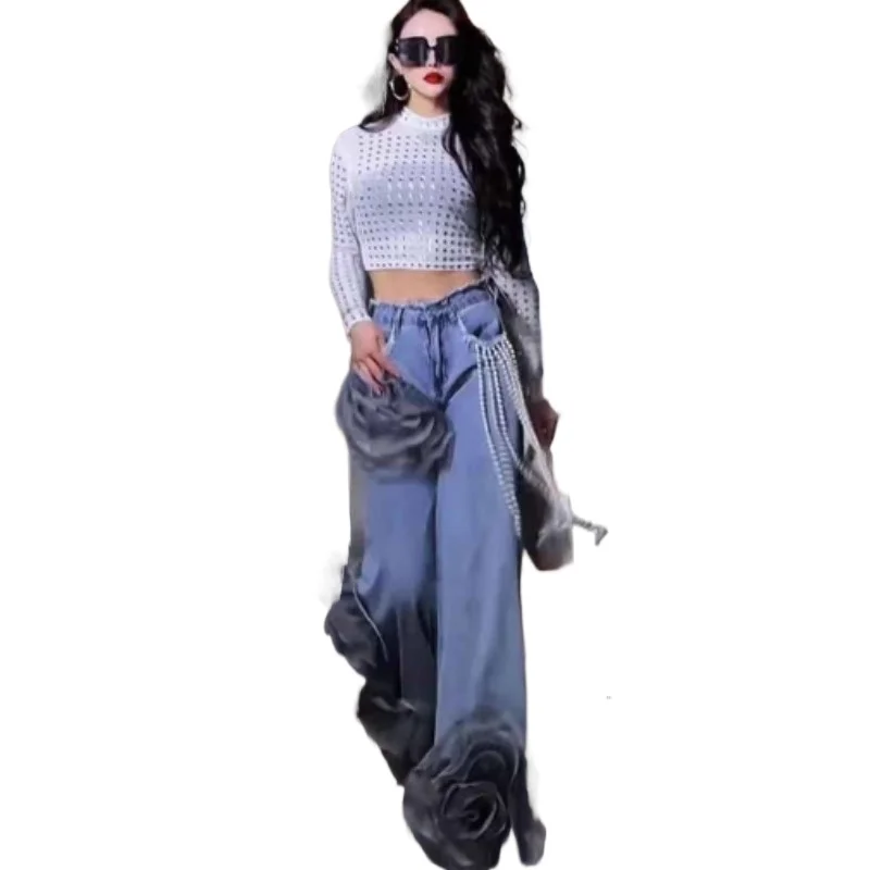 

Новые летние свободные джинсы с высокой талией, объемным вырезом и цветочным узором, удлиненные, с эффектом похудения.