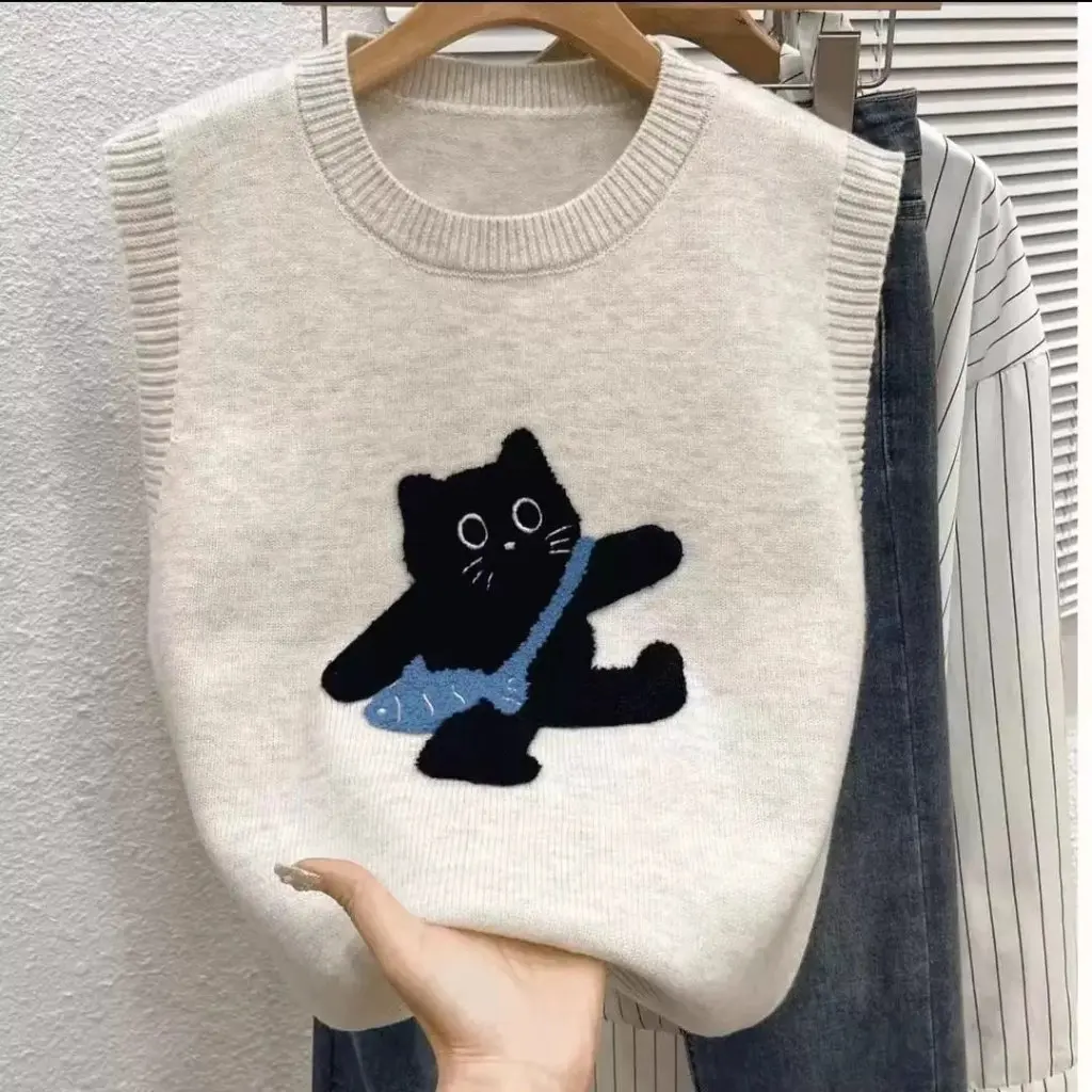 

Cute Knitted Sleeveless Sweater Vest Age-reducing Classic Embroidered Kitten Fashion All-match Interior Stacked Wear for Autumn