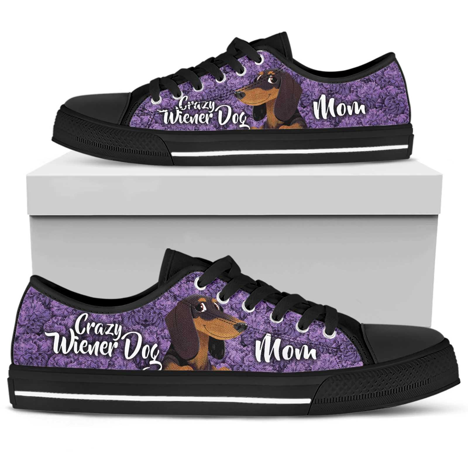 ELVISWORDS Crazy Wiener Dog Print Flats Comfort Is Mom Walking Shoes Lace-up Low-top Women's Purple Shoes Pet Dog Sneakers