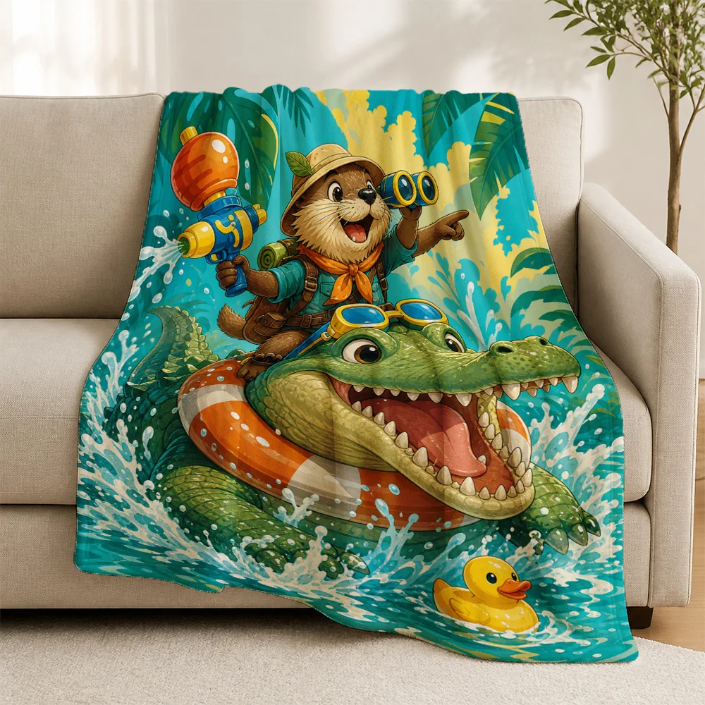 Adorable Cartoon Throw Blanket for Couch Sofa Decor Tropical Jungle Safari Theme Crocodile Bear Duck Kids Cute Animal Throw Over