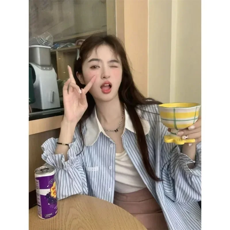 

Femme Spring Summer Fashion Casual Button Striped Button Peter Pan Collar Women Shirts Trend All-match Cotton Long Sleeve Tops