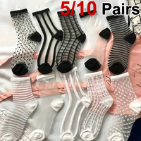 5/10 Pairs Women Heart-Shaped Printed Thin Socks College Style Striped Breathable Sweat Wicking Soft Comfortable Casual Socks