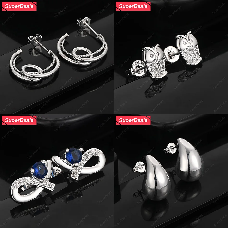 

SuperDeals 925 Sterling Silver Owl Water Drop Blue Zircon Geometric Stud Earring Elegant Women's Wedding Party Nice Jewelry