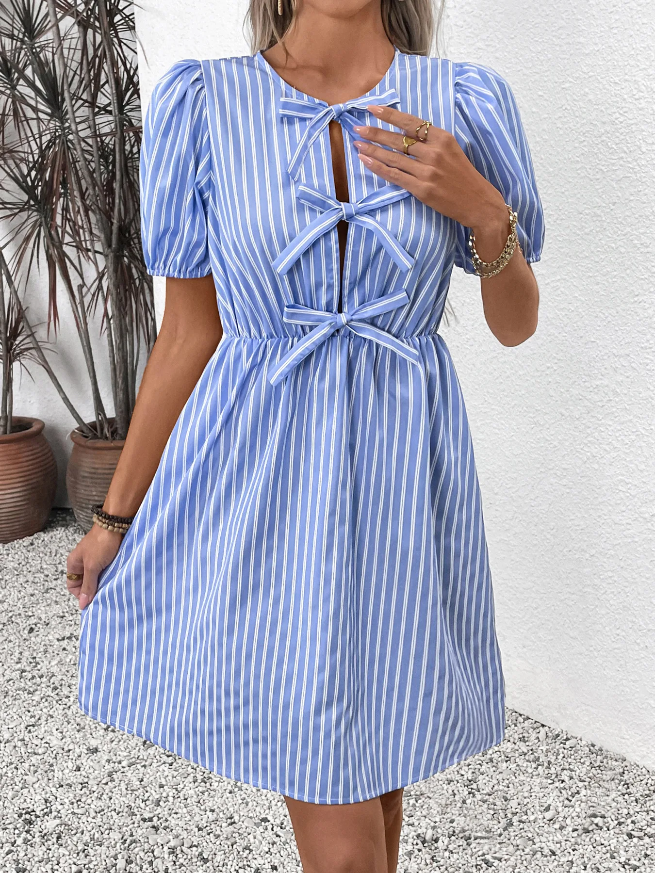 

Casual Women's Dress Fashion Retro Striped Elegant Commuter Style Woman Clothes Short Sleeve Round Neck Bow Tie Short Dresses
