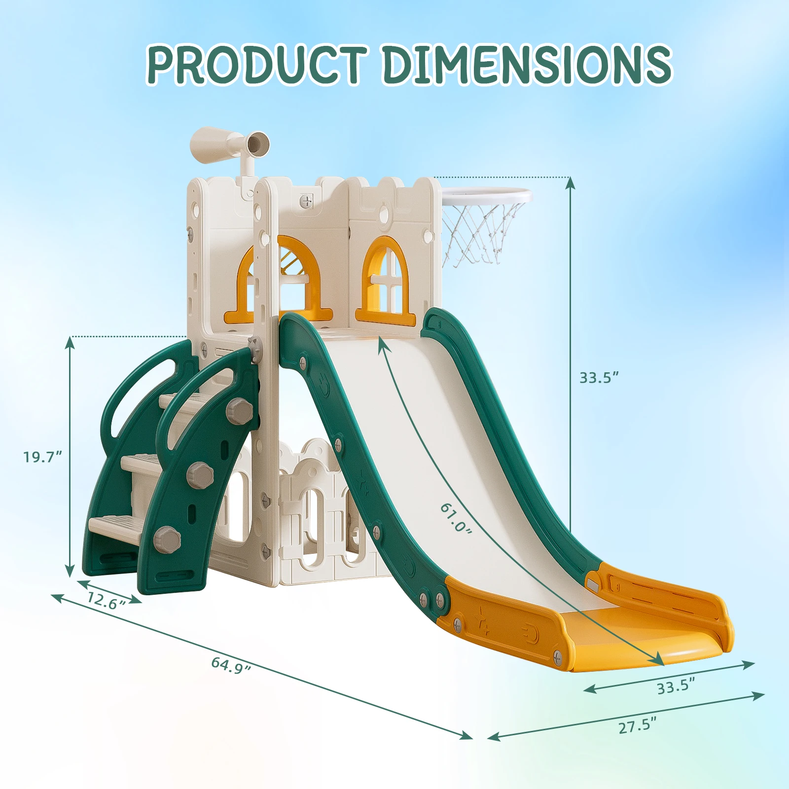 Glissière d'intérieur en forme de L pour enfants, panier de basket-ball et télescope, toboggan pour bébé, intérieur et extérieur, tout-petits 1-3, 6 en 1