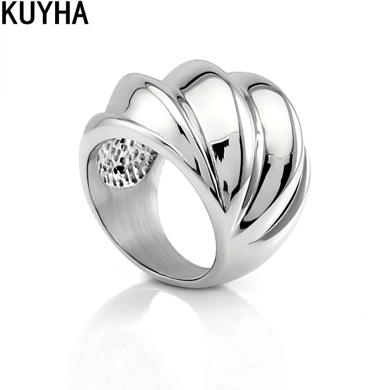 Irregular Shiny Big Rings for Women Stainless Steel Chunky Style Shell Shaped Rings Silver Gold Color Handmade Jewelry 24mm Wide