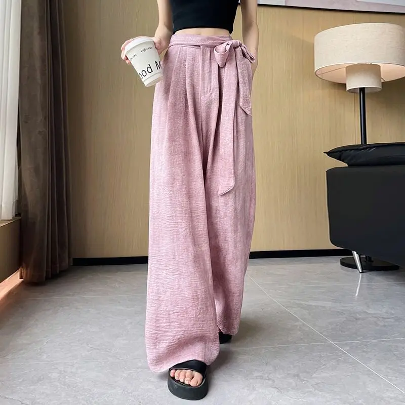 summertime New style Ice silk Tie-dyed flax High waist Wide leg pants female loose Straight barrel fallow Mopping pants comfort