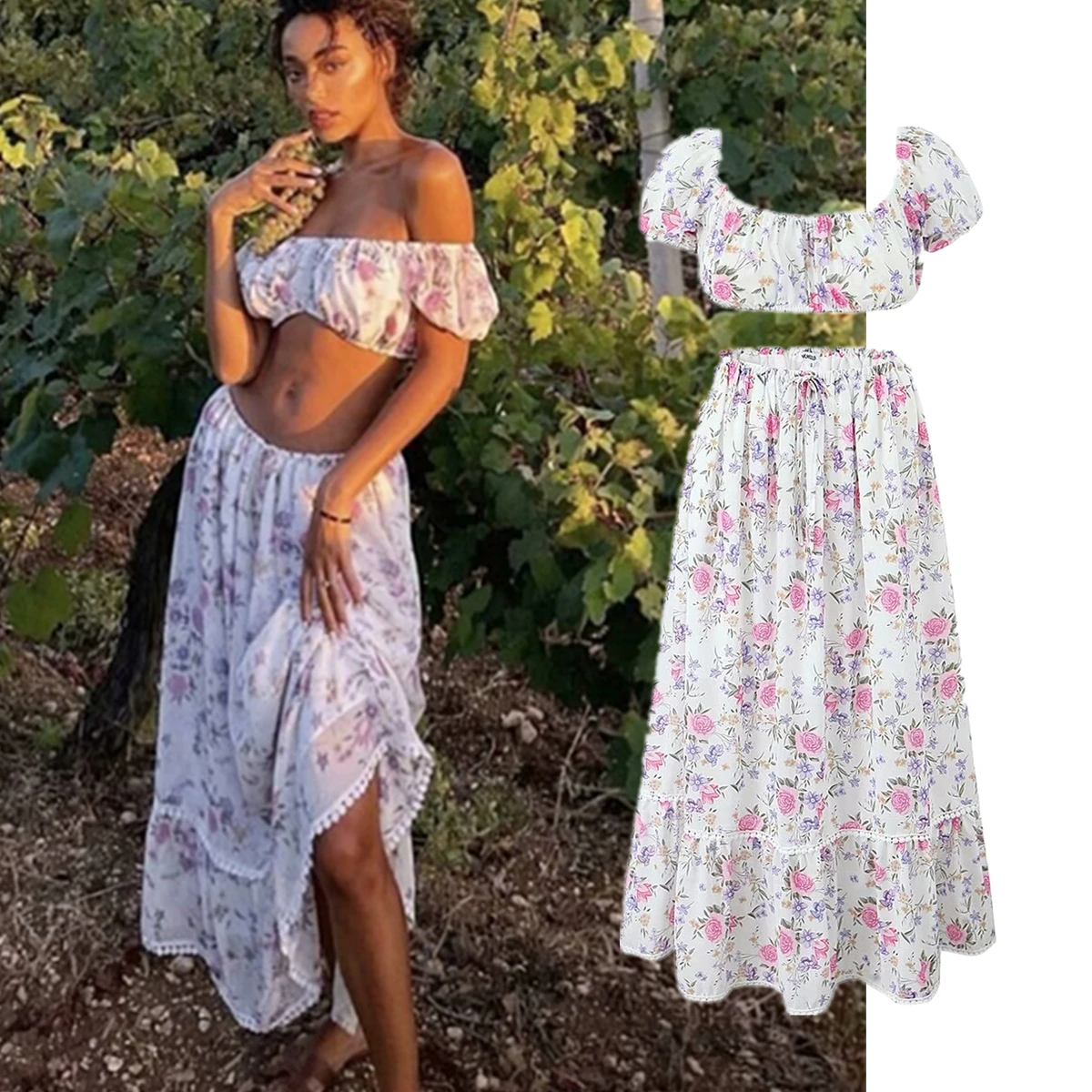 Maxdutti High Waist A-line Midi Skirts Two Pieces Sets Women French Indie Folk Floral Print Strapless Shirt Short Tops