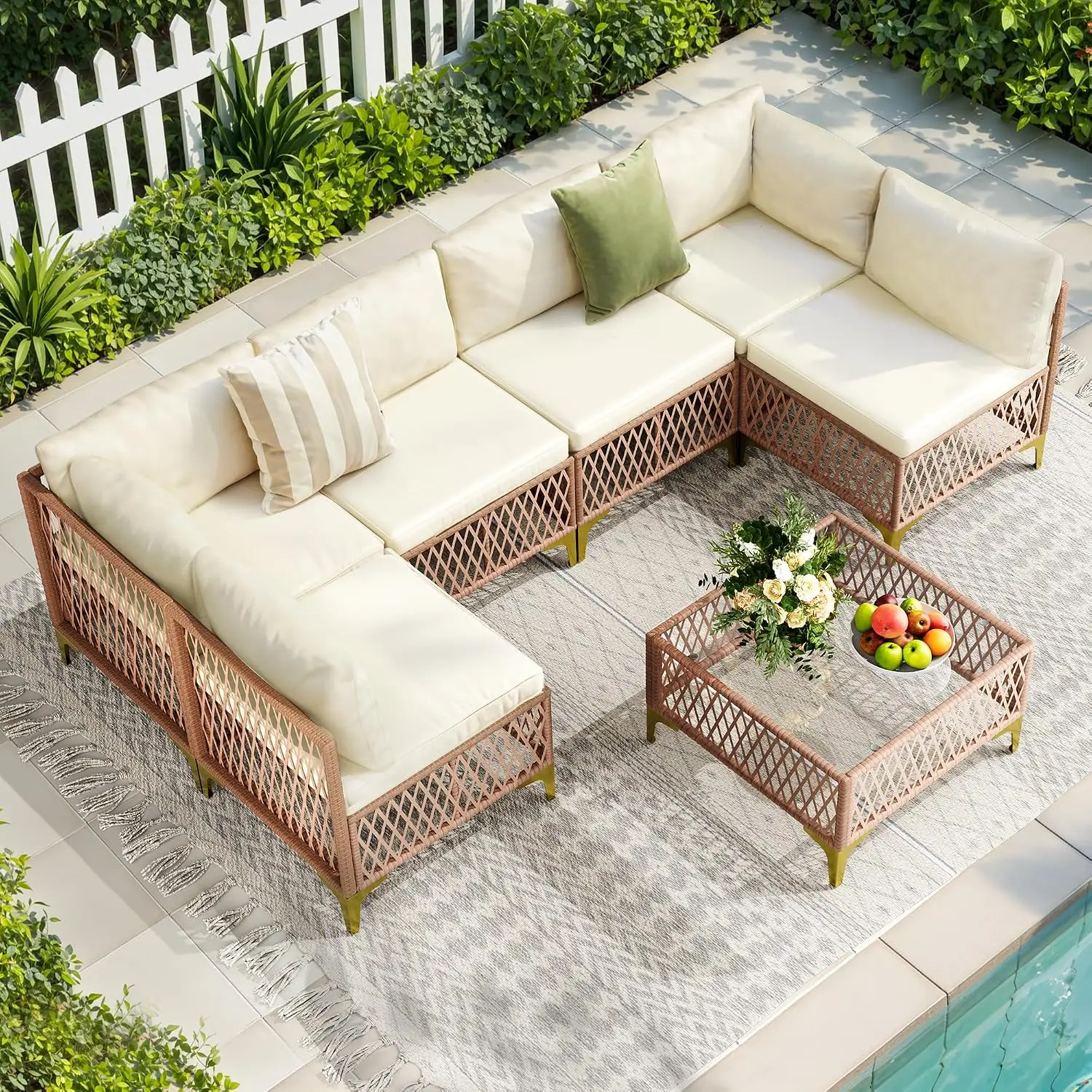 7-Piece Wicker Outdoor Sectional Sofa Set with Washable Cushions & Glass Table for Backyard Porch, Customized