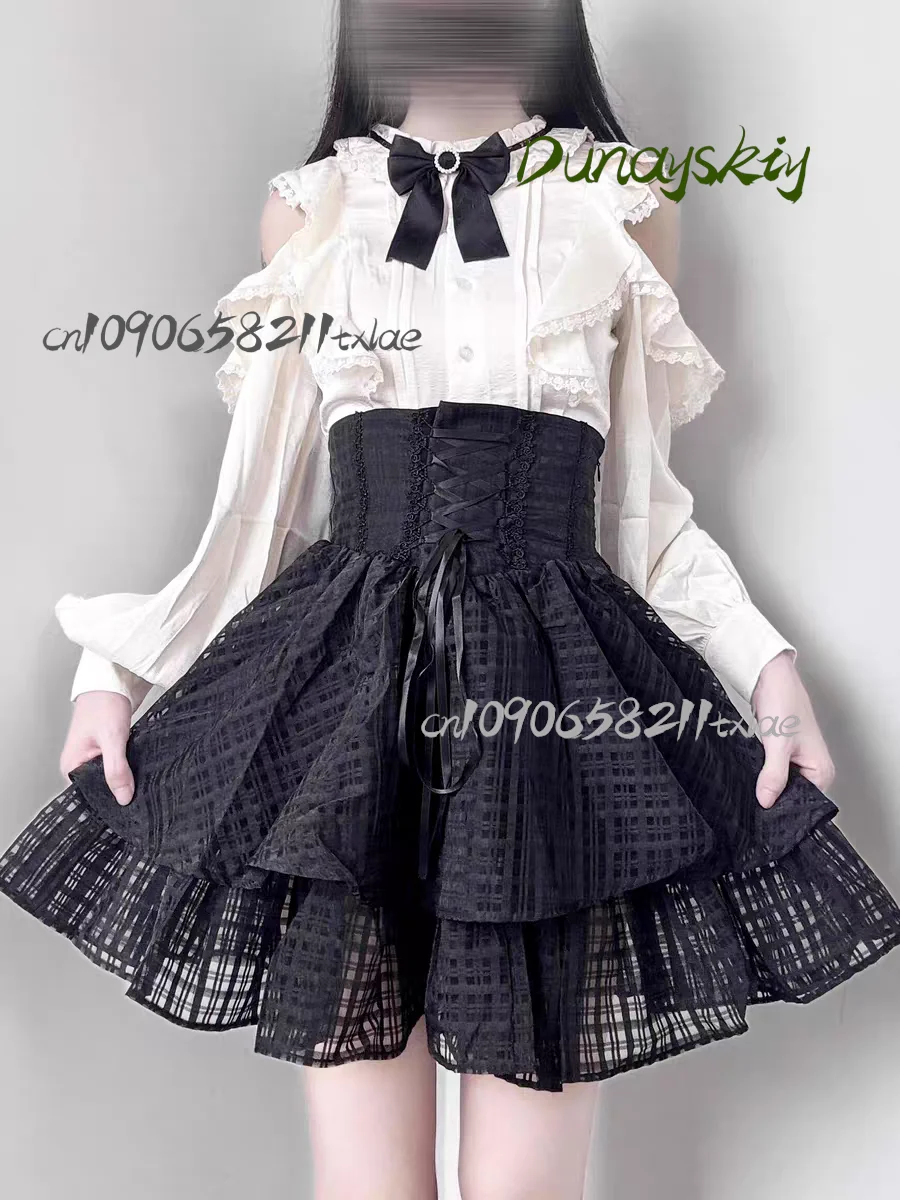 Jirai Kei gótico oscuro subcultura femenina encaje negro recortado camisa de manga larga falda conjunto disfraces Cosplay fiesta diaria Halloween