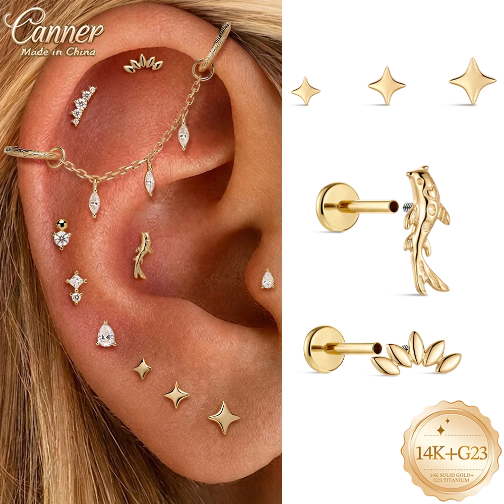 CANNER 14K Solid Gold Simple Cartilage Piercing Stud Earring Lucky Fish Star Tiny Ear Jewelry Sensitive Ears Women Dating Gift