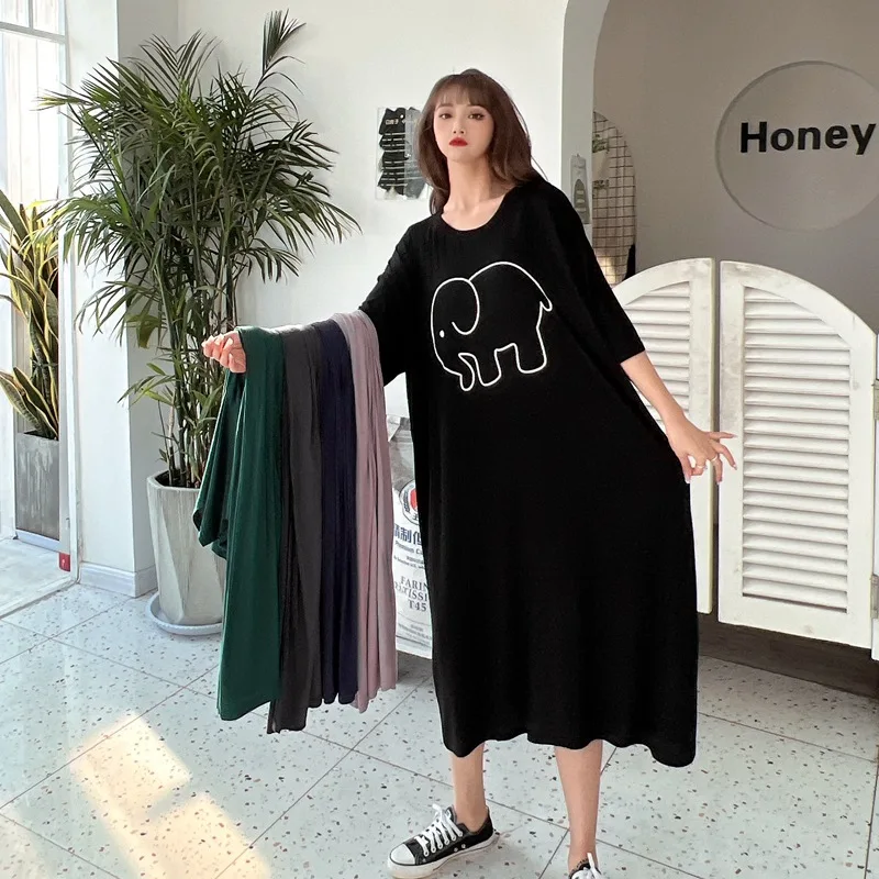 

Modal Nightgown Women Nightie Summer Korean Fashion Long Print Dress Loose Plus Size Homewear Elephant Nightdress 130KG Wearable