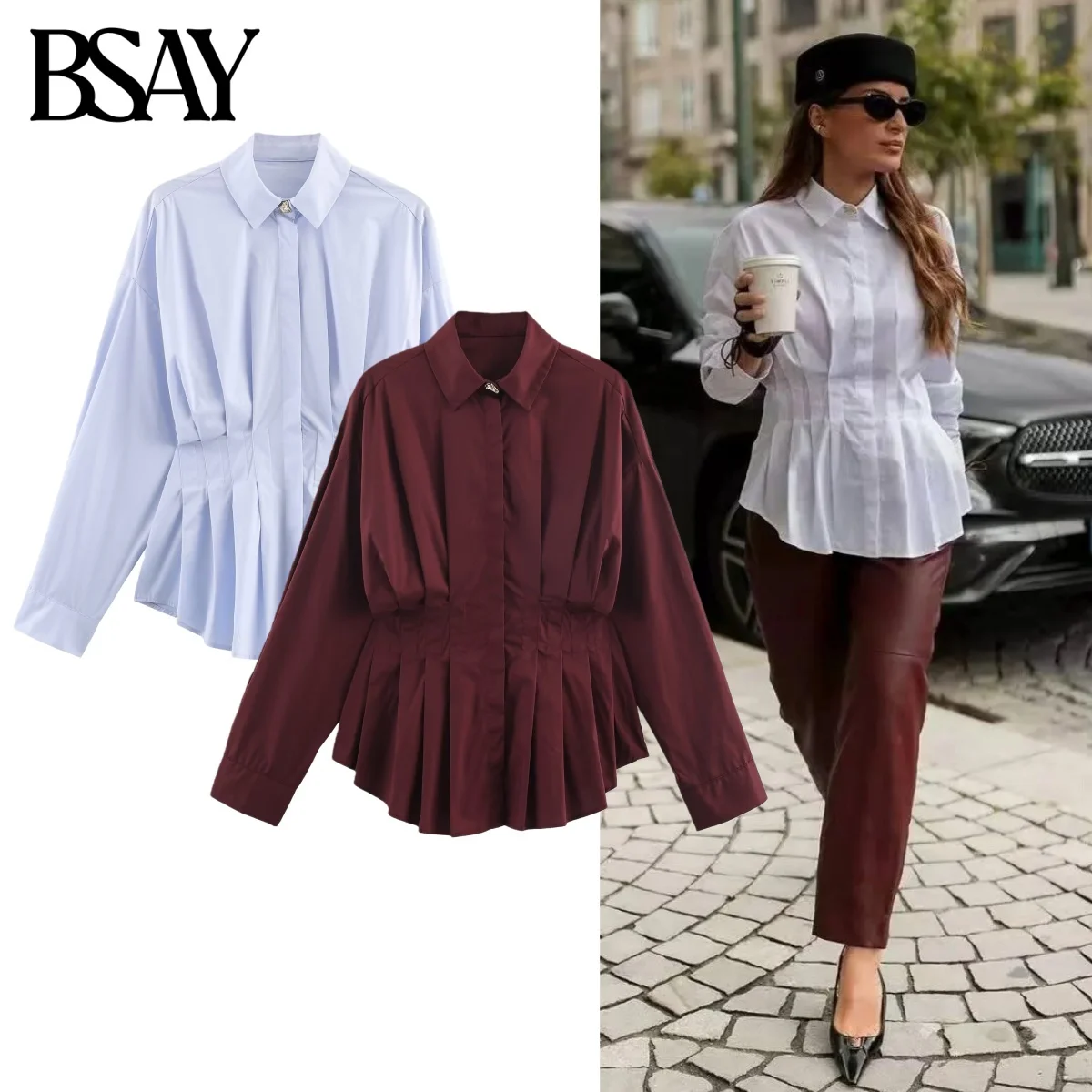 BSAY Plissee Popeline Hemd für Frauen Mode Herbst Winter Neue Feste Lange Ärmel Einreiher Revers Bluse Chic Damen Top