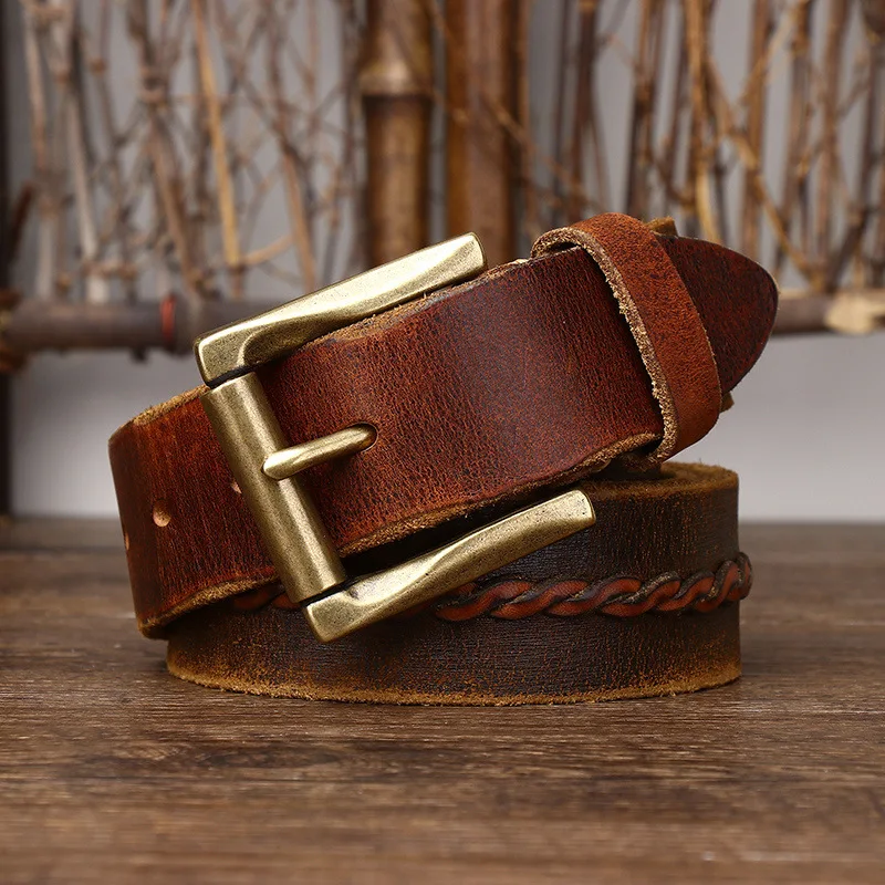 

3.8cm Men's Woven Trendy Personalized Belts Cowhide Retro Copper Buckle Belt,Handmade Man Casual Pants Strap Belt