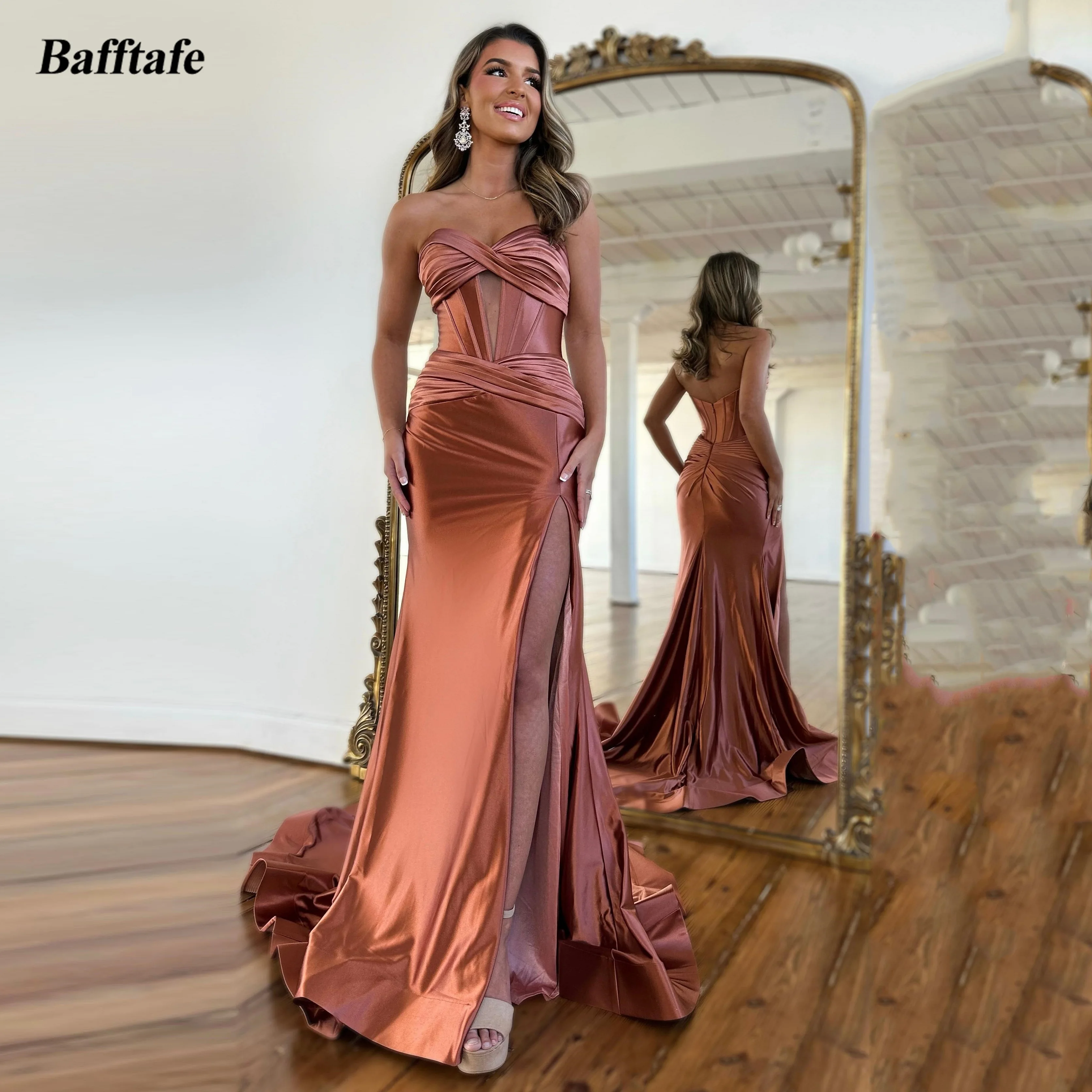 

Bafftafe Elegant Mermaid Satin Prom Dresses Sweetheart Bones Leg Slit Women Formal Evening Dress Fishtail Birthday Party Gowns