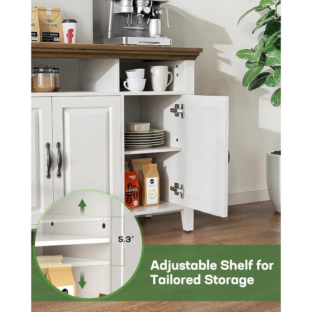 خزانة بوفيه مع مساحة تخزين، خزانة تخزين جانبية كبيرة مقاس 55 بوصة مع أرفف قابلة للتعديل، 4 أبواب، بار قهوة حديث للمزرعة