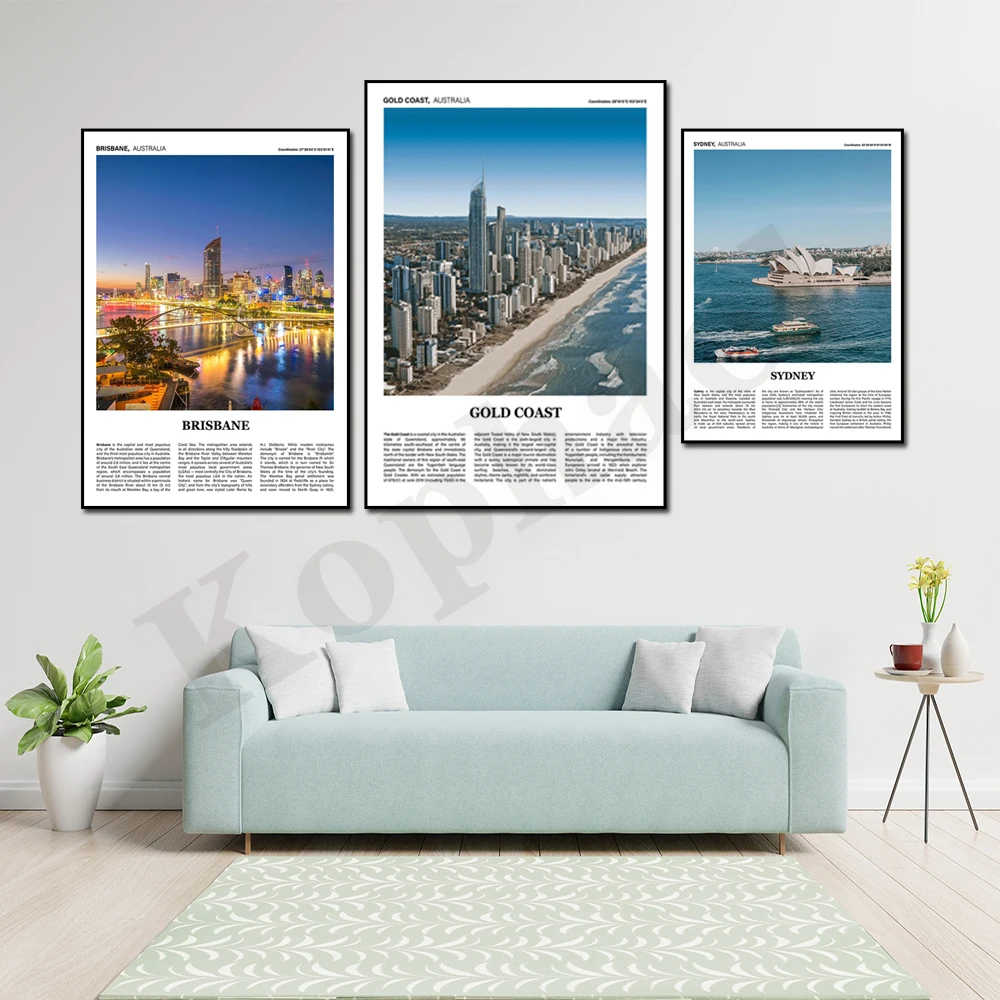 Australia Melbourne Sydney Brisbane Canberra City Gold Coast Newcastle Perth Cityscape Travel Wall Art Poster