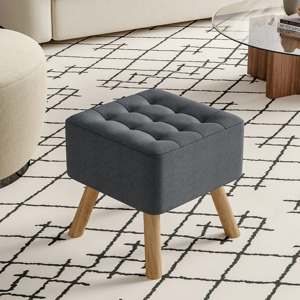 Linen Fabric Padded Household Multifunctional  Wooden Leg Footstool