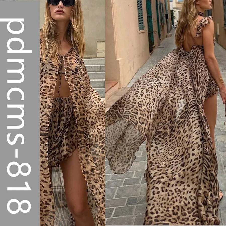 

Новое европейское и американское весенне-летнее шифоновое платье на подтяжках с принтом INS, свободный комплект из двух предметов с леопардовым принтом для отдыха