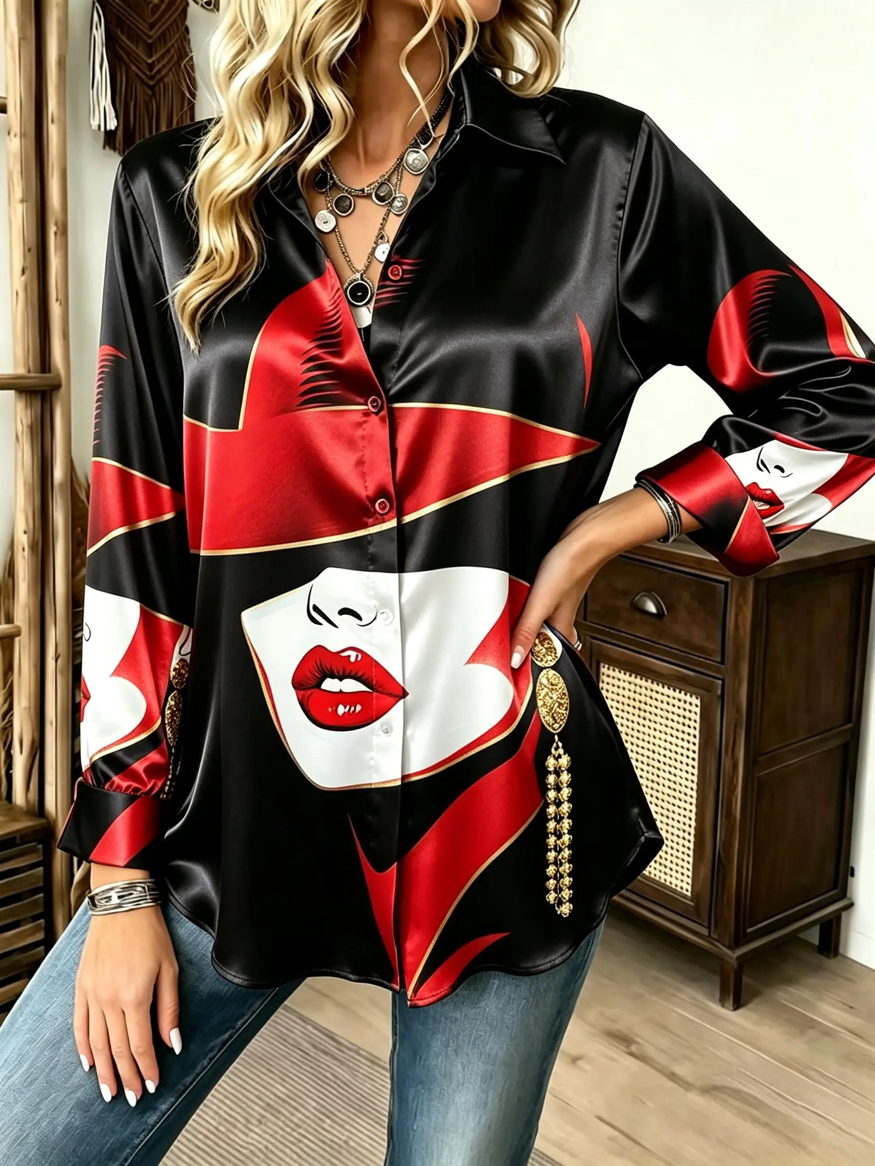 Women Lapel Long Sleeve Button‑Down Shirt Pop Art Lady Face Graphic Print Blouse Fashion Party Casual Ladies Top