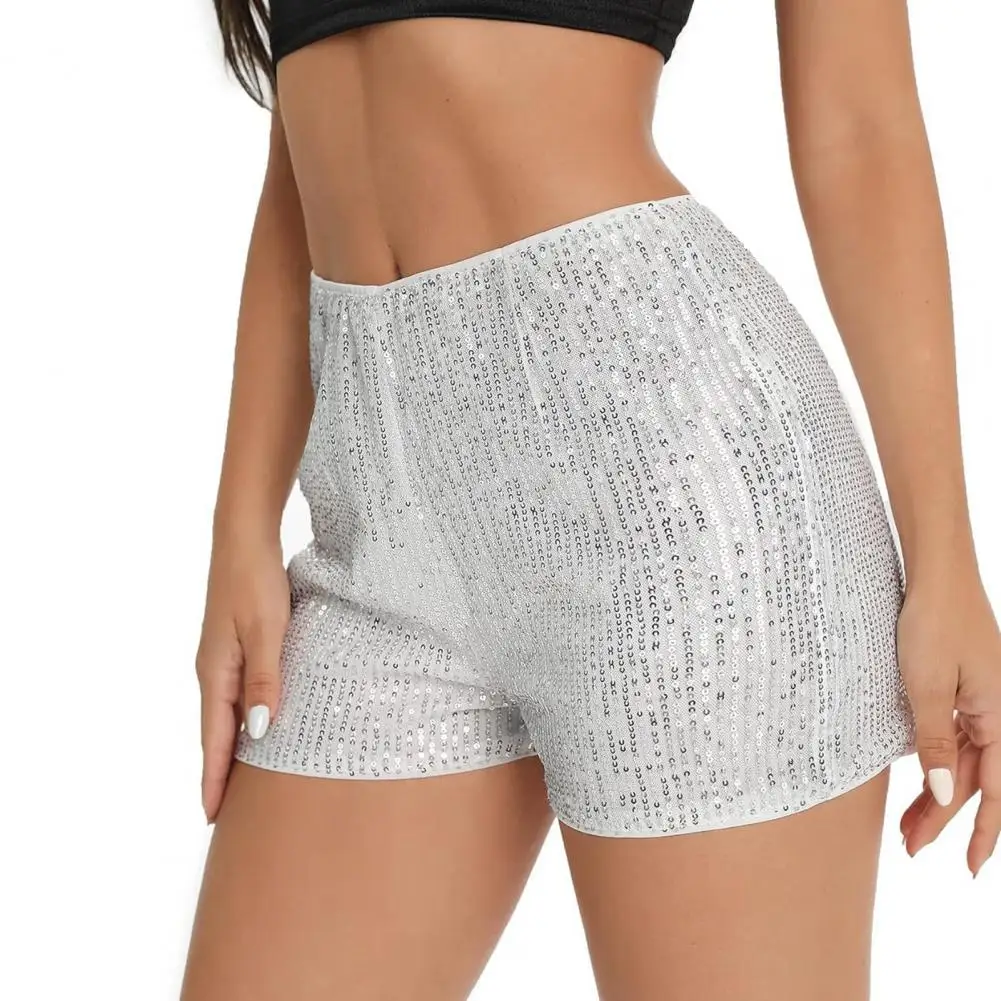 Women Shorts High Elastic Waist Shiny Sequin Solid Color Straight Slim Fit Hip-Hop Jazz Dancing Stage Performance Short Pants